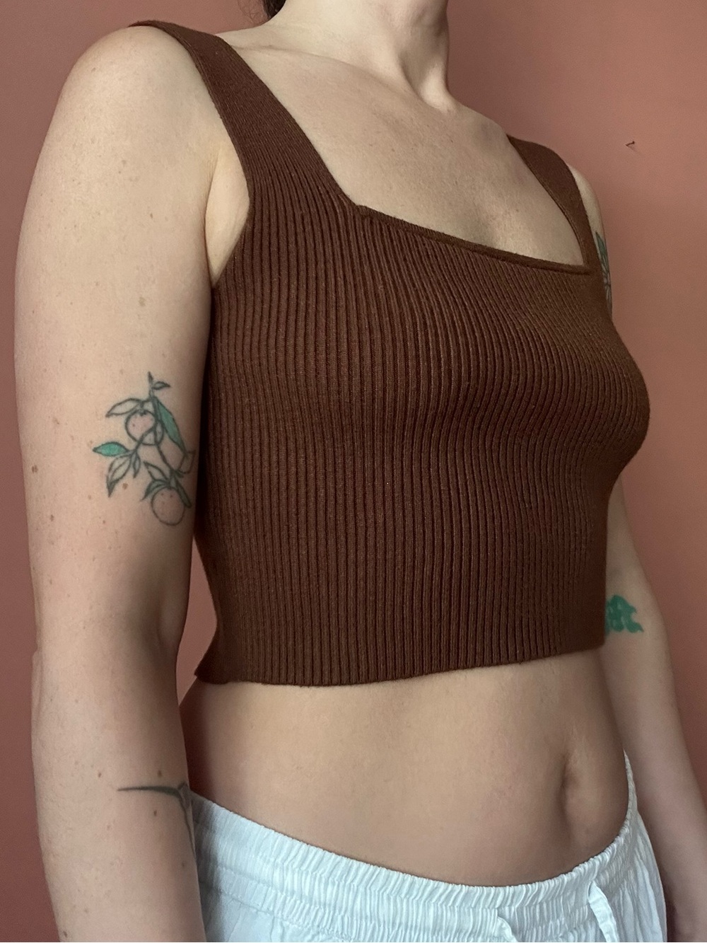 Brown Ribbed Cropped Tank Top